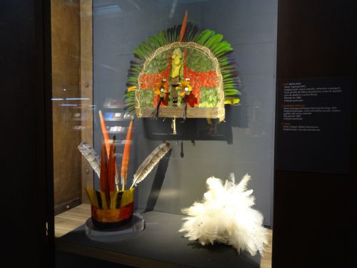 さまざまな鳥の羽根を組み合わせて作った頭部の装飾品