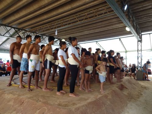 土俵で整列するサンパウロ州南西部の相撲大会の参加者