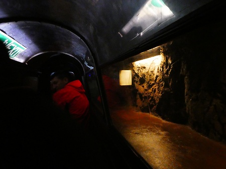 トロッコ列車で延々と続く暗くて狭いトンネル内を走ります