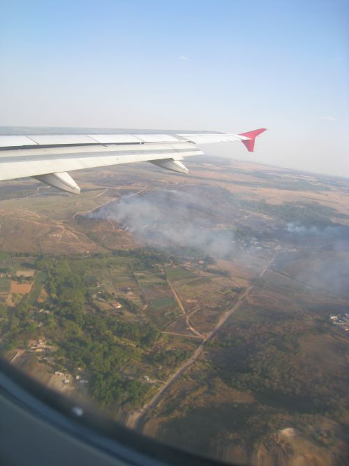 上空から見た草原の火災（筆者撮影）