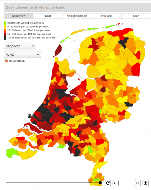 コロナ感染者数を色分けしたオランダの地図（資料提供・厚生省）