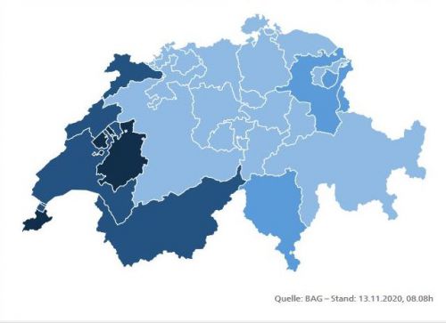 濃い色になるほど、感染者数が多い。西部はフランス語圏（データは連邦内務省保健局/Bundesamt für Gesundheit / Office fédéral de la santé publiqueより)