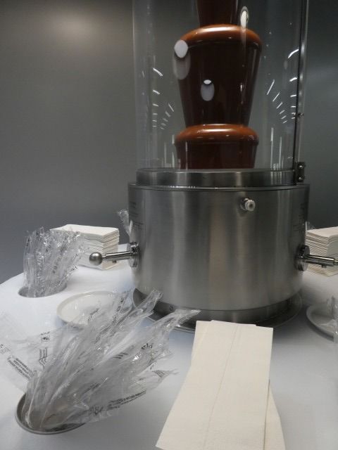 この部屋でダークチョコ、ミルクチョコ、ホワイトチョコのフォンデュが味見できます。濃厚でクリーミー！