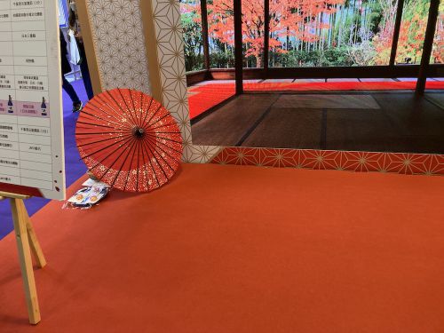 和菓子と試飲用のお茶を小さい和傘で隠しています