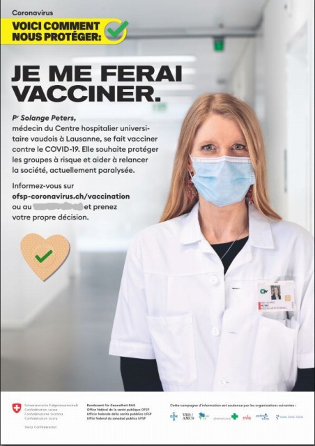 スイス連邦内務省保健局(BAG/OFSP)が作成したワクチン接種の啓発ポスター。ドイツ語、フランス語、イタリア語、ロマンシュ語、英語版があります