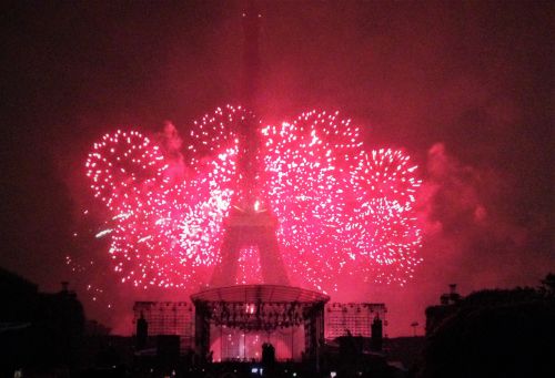 エッフェル塔とセーヌ河畔から発射される花火