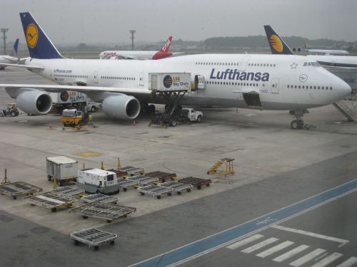 サンパウロからフランクフルト空港に着いたルフトハンザ航空のジャンボジェット機（２０１９年11月）