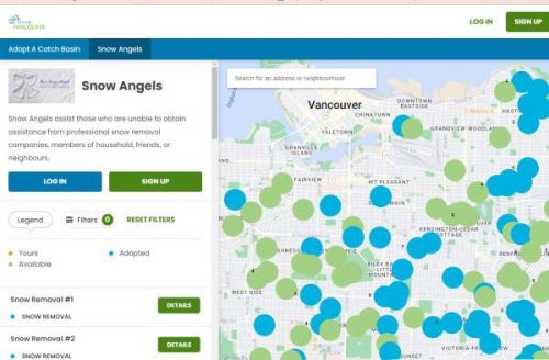 バンクーバー市のスノーエンジェルプログラム地図。市内のあちこちにスノーエンジェルが！