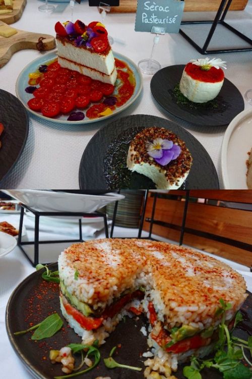 (上)口当たりがあっさりして食べやすいセラックチーズ(下)ケーキ型のお寿司…のような食べ物(笑)