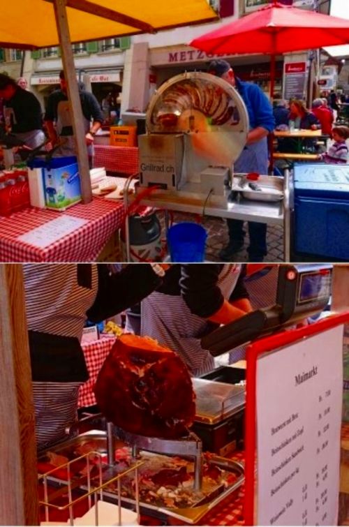 (上)焼きソーセージマシーンでソーセージがぐるぐる(下)大きなハムの塊…おいしそう!