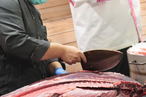 「台湾包丁」を器用に使って、マグロがさばかれていきます