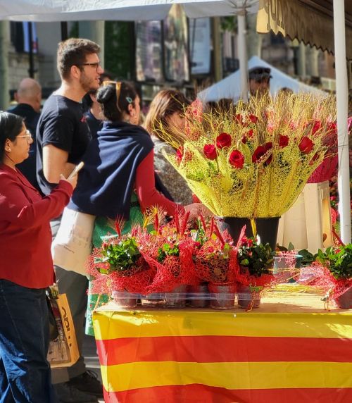 真っ赤な薔薇と黄色と赤のカタルーニャ州旗が、街に溢れている日