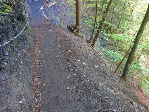 ぬかるんだ狭い山道を、鎖の手すりを持ってゆっくり進みます