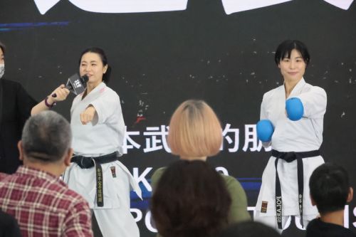 来場者に正拳突きを指導